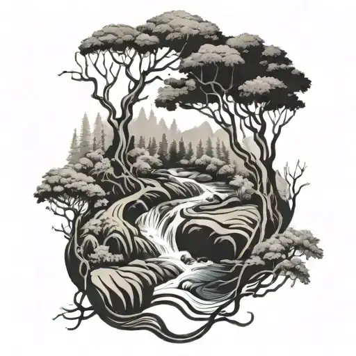 A winding stream meandering through a dense forest, with hidden animals peeking out from the trees, symbolizing the interconnectedness of nature and family tattoo design idea