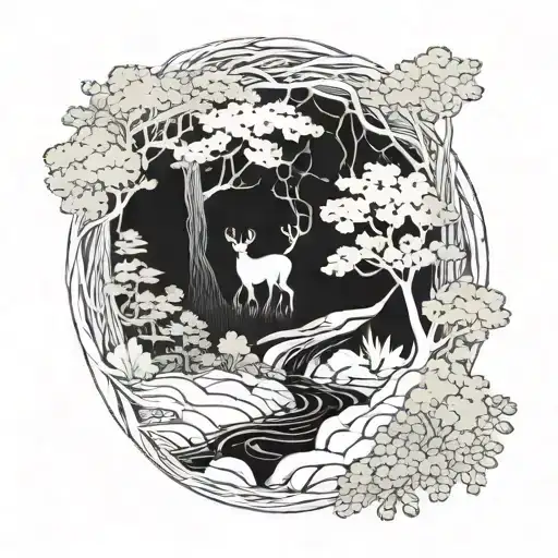 A winding stream meandering through a dense forest, with hidden animals peeking out from the trees, symbolizing the interconnectedness of nature and family tattoo design idea