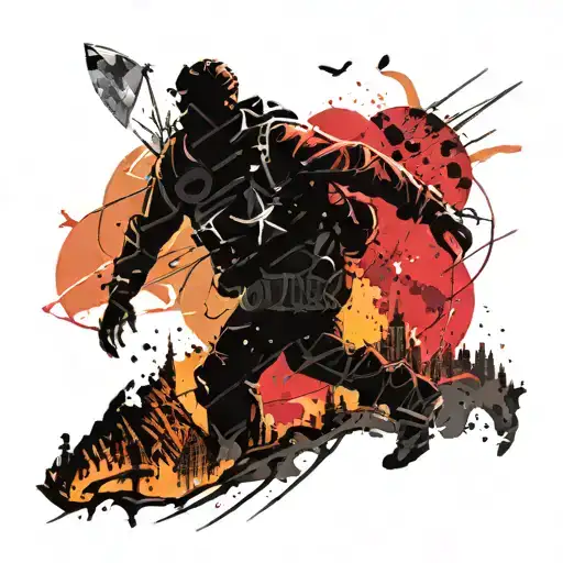 a Silhouette Of A man fighting to climb Mountain Peak With A Sunset In The Background tattoo design idea