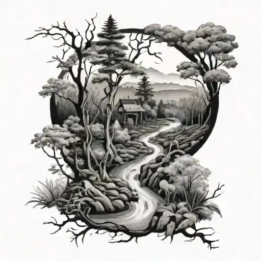 A winding stream meandering through a dense forest, with hidden animals peeking out from the trees, symbolizing the interconnectedness of nature and family tattoo design idea