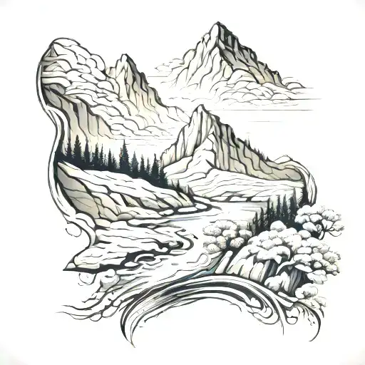 A serene mountain landscape with a flowing river running through it, symbolizing leadership and strength tattoo design idea