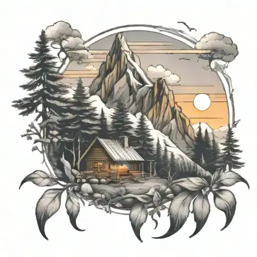 waterfall forest mountain sunrise cabin tattoo design idea