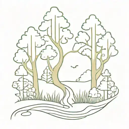 A winding stream meandering through a dense forest, with hidden animals peeking out from the trees, symbolizing the interconnectedness of nature and family tattoo design idea