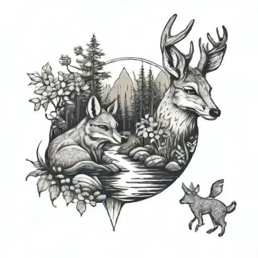 A fox and a deer drinking from a stream in a lush forest setting tattoo design idea