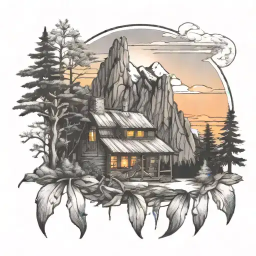 waterfall forest mountain sunrise cabin lonely tattoo design idea