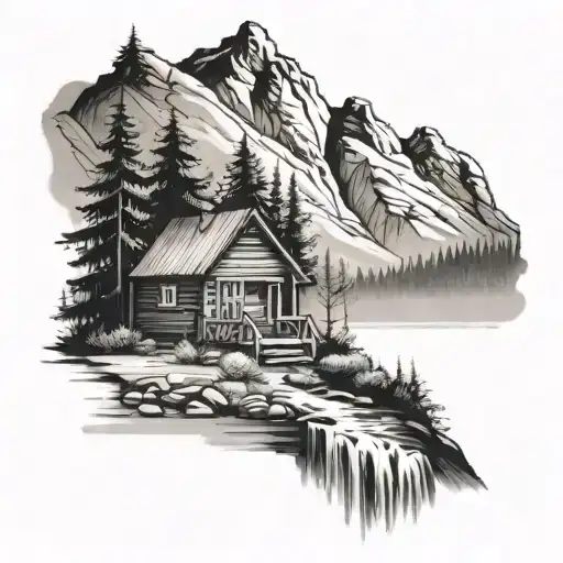 cabin beside a river in a forest below a mountain  tattoo design idea