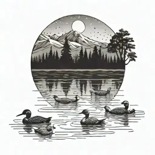 a mother and father look and 9 children loons swimming in a serene lake surrounded by trees and mountains tattoo design idea