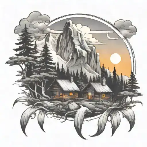 waterfall forest mountain sunrise cabin lonely tattoo design idea