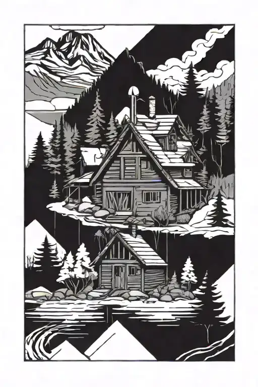 cabin beside a raging river in a forest below a mountain  tattoo design idea