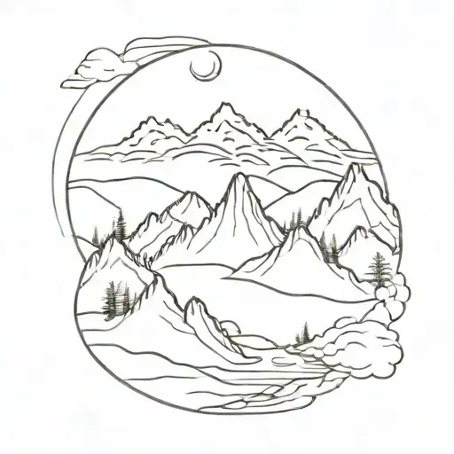 A serene mountain landscape with a flowing river running through it, symbolizing leadership and strength tattoo design idea