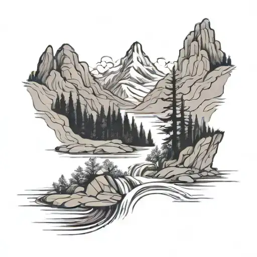 A serene mountain landscape with a flowing river running through it, symbolizing leadership and strength tattoo design idea