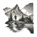 man walking upstream surrounded by forest and a mountain in the background.  tattoo design idea