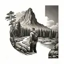 man walking upstream surrounded by forest and a mountain in the background.  tattoo design idea