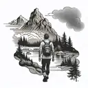 man walking upstream surrounded by forest and a mountain in the background.  tattoo design idea