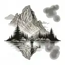 man walking upstream surrounded by forest and a mountain in the background.  tattoo design idea