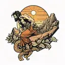 A man struggling to climb Mountain With A Sunset In The Background tattoo design idea