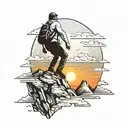 A man struggling to climb up Mountain With A Sunset In The Background tattoo design idea