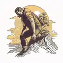 A man struggling to climb up Mountain With A Sunset In The Background tattoo design idea