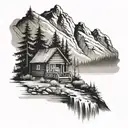 cabin beside a river in a forest below a mountain  tattoo design idea