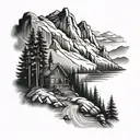 cabin beside a river in a forest below a mountain  tattoo design idea