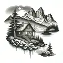 cabin beside a river in a forest below a mountain  tattoo design idea