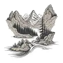 A serene mountain landscape with a flowing river running through it, symbolizing leadership and strength tattoo design idea