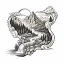 A serene mountain landscape with a flowing river running through it, symbolizing leadership and strength tattoo design idea