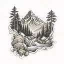 A serene mountain landscape with a flowing river running through it, symbolizing leadership and strength tattoo design idea