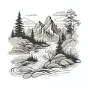 A serene mountain landscape with a flowing river running through it, symbolizing leadership and strength tattoo design idea