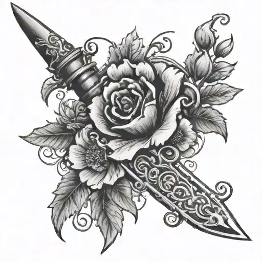 elegant Roman style dagger wrapped with vines and poppies tattoo design idea