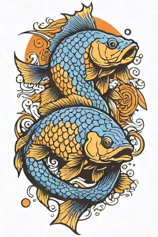 realistic blue and orange carp with dice and tomoe symbol tattoo design idea