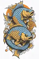 realistic blue and orange carp with dice and tomoe symbol tattoo design idea