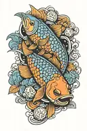 realistic blue and orange carp with dice and tomoe symbol tattoo design idea