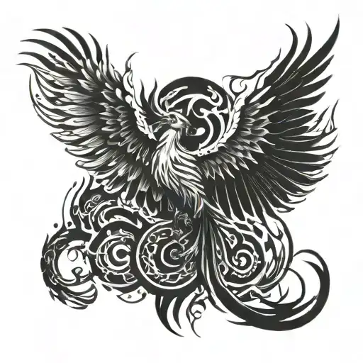 A phoenix rising from pixelated flames, symbolizing the student's passion for gaming and the transformative power of metal music tattoo design idea
