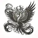 A phoenix rising from pixelated flames, symbolizing the student's passion for gaming and the transformative power of metal music tattoo design idea