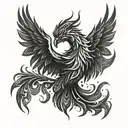 A phoenix rising from pixelated flames, symbolizing the student's passion for gaming and the transformative power of metal music tattoo design idea