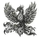 A phoenix rising from pixelated flames, symbolizing the student's passion for gaming and the transformative power of metal music tattoo design idea