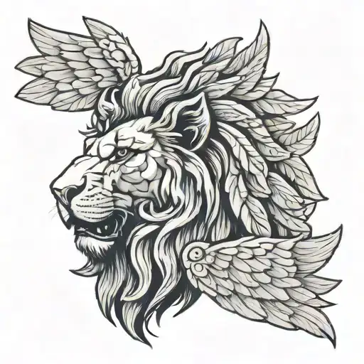 stone griffin, head & body of a lion, wings of an eagle. black and grey, new school / neo-traditional.  tattoo design idea