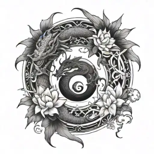 A yin and yang design featuring two intricately detailed dragons intertwining with January and October flowers tattoo design idea