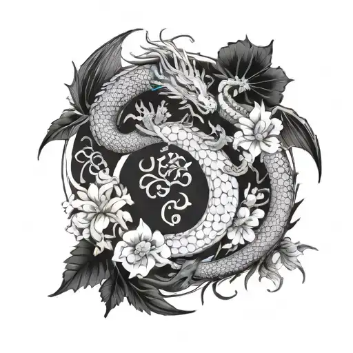 A yin and yang design featuring two intricately detailed dragons intertwining with January and October flowers tattoo design idea
