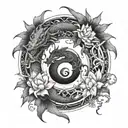 A yin and yang design featuring two intricately detailed dragons intertwining with January and October flowers tattoo design idea