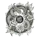 A yin and yang design featuring two intricately detailed dragons intertwining with January and October flowers tattoo design idea