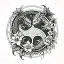 A yin and yang design featuring two intricately detailed dragons intertwining with January and October flowers tattoo design idea