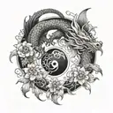 A yin and yang design featuring two intricately detailed dragons intertwining with January and October flowers tattoo design idea