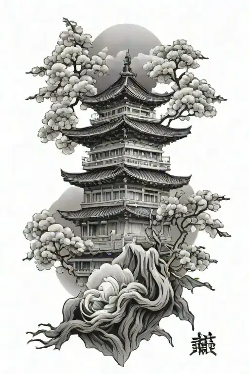 japanese temple with fan surrounded by cherry tattoo design idea