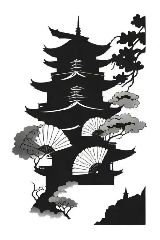 japanese temple with fan in background tattoo design idea
