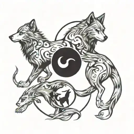 A wolf and ape in a yin yang symbol representing balance and harmony in family relationships tattoo design idea