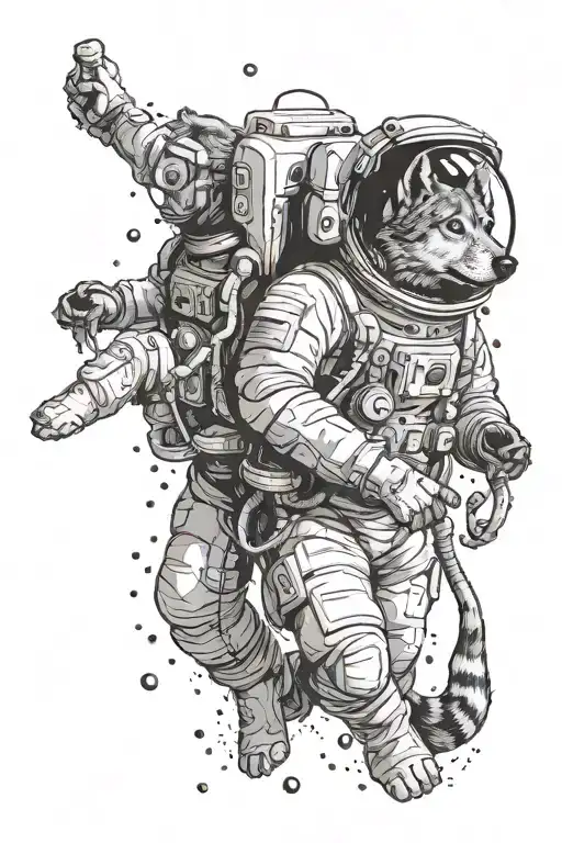 A wolf and a Belgian Malinois in astronaut suits training in zero gravity tattoo design idea
