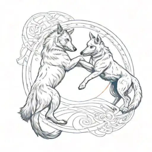 A wolf and a Belgian Malinois sparring in a celestial ring tattoo design idea