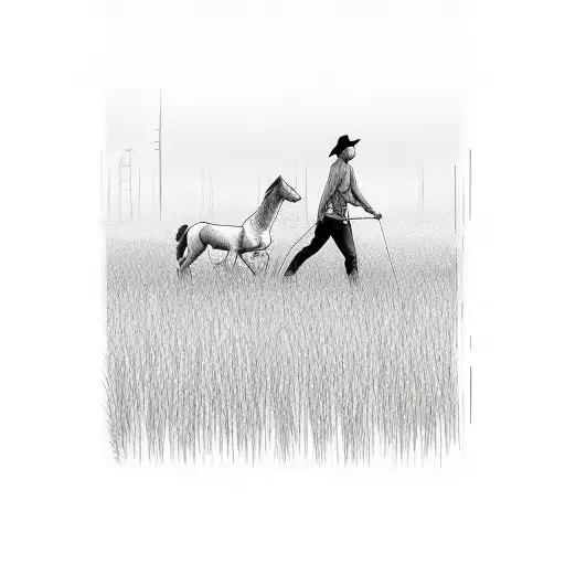 A guy and a girl walking horses through tall grass tattoo design idea